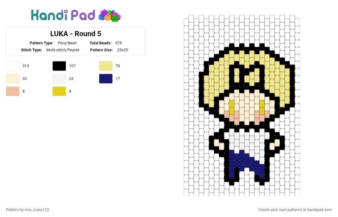 LUKA - Round 5 - Pony Bead Pattern by mrs_crazy123 on Kandi Pad - white, yellow