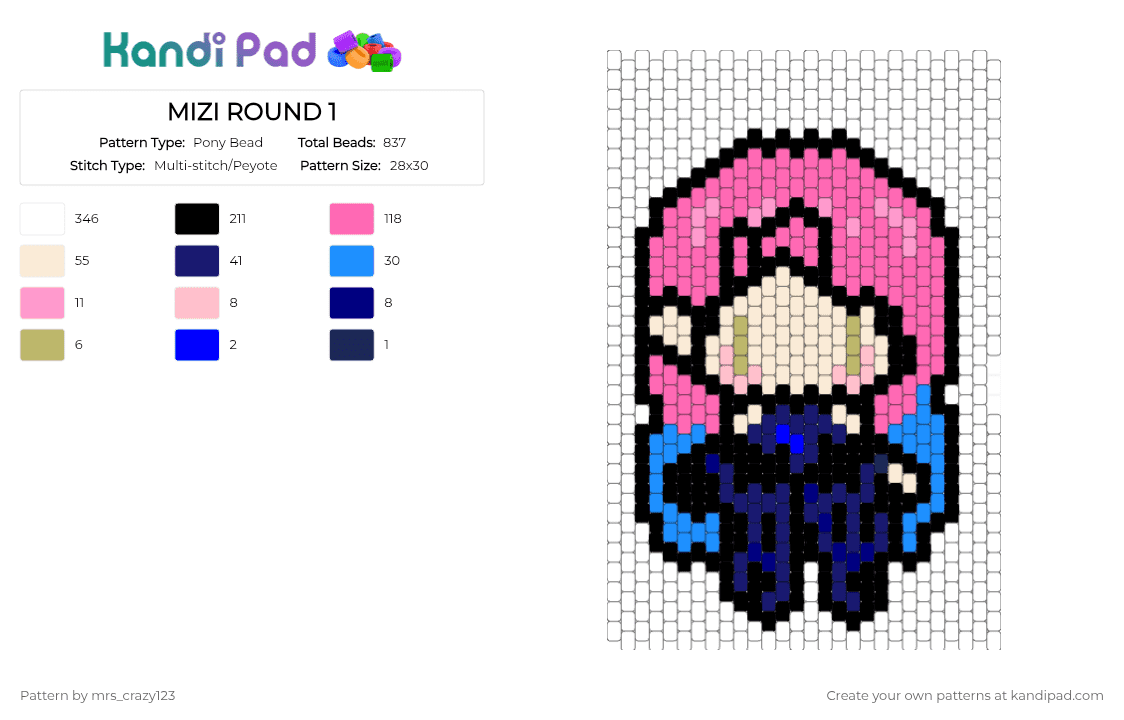 MIZI ROUND 1 - Pony Bead Pattern by mrs_crazy123 on Kandi Pad - pink, white