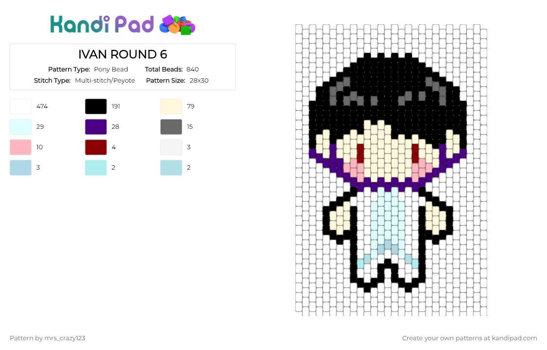 IVAN ROUND 6 - Pony Bead Pattern by mrs_crazy123 on Kandi Pad - gray, purple, white