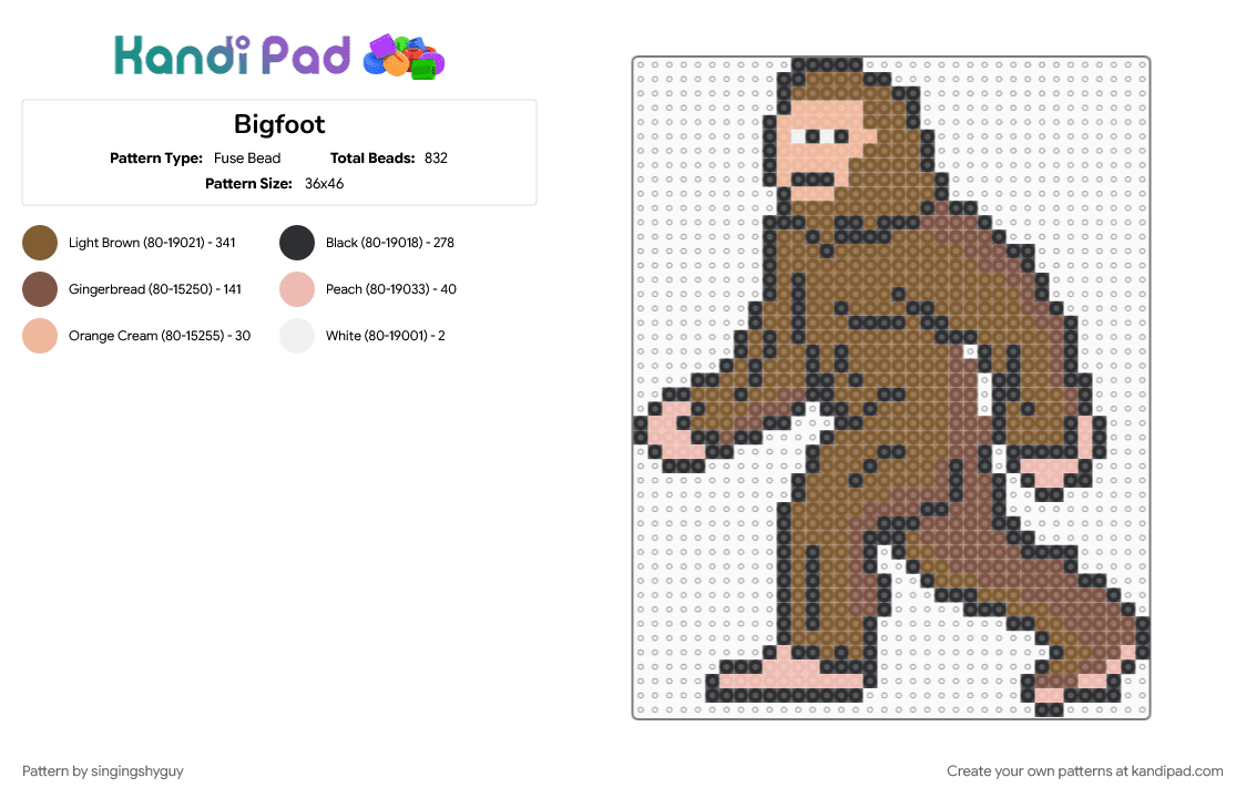 Bigfoot - Fuse Bead Pattern by singingshyguy on Kandi Pad - bigfoot, cryptid, sasquatch, tan