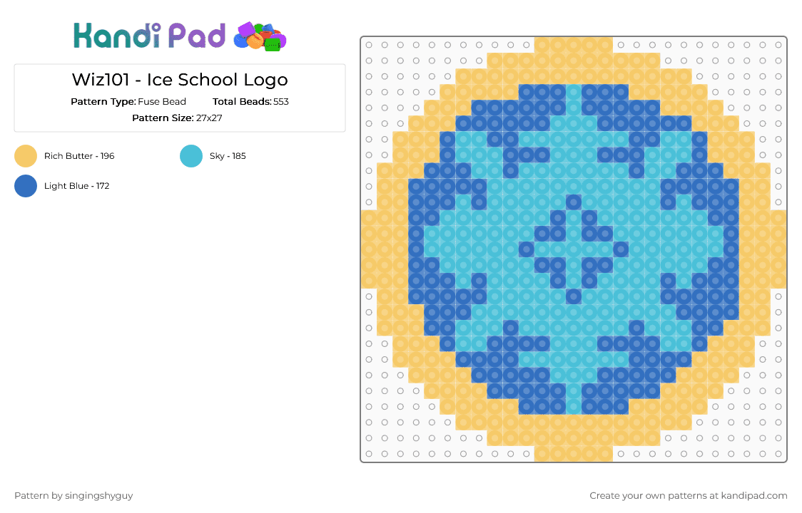 Wiz101 - Ice School Logo - Fuse Bead Pattern by singingshyguy on Kandi Pad - ice, ice school, icicle, kingsisle, light blue, wiz101, wizard101, yellow