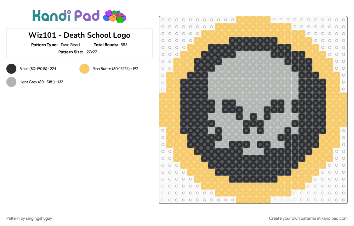 Wiz101 - Death School Logo - Fuse Bead Pattern by singingshyguy on Kandi Pad - beige, death, death school, kingsisle, skull, wizard101, yellow