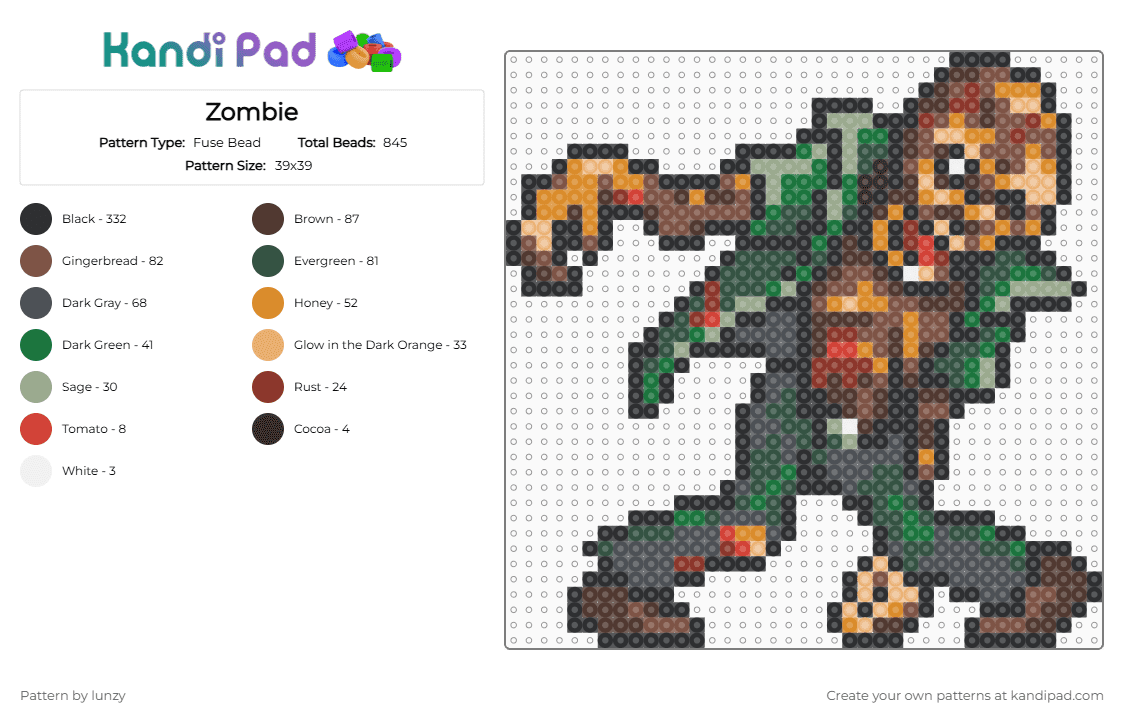Zombie - Fuse Bead Pattern by lunzy on Kandi Pad - brown,tan,orange,gray