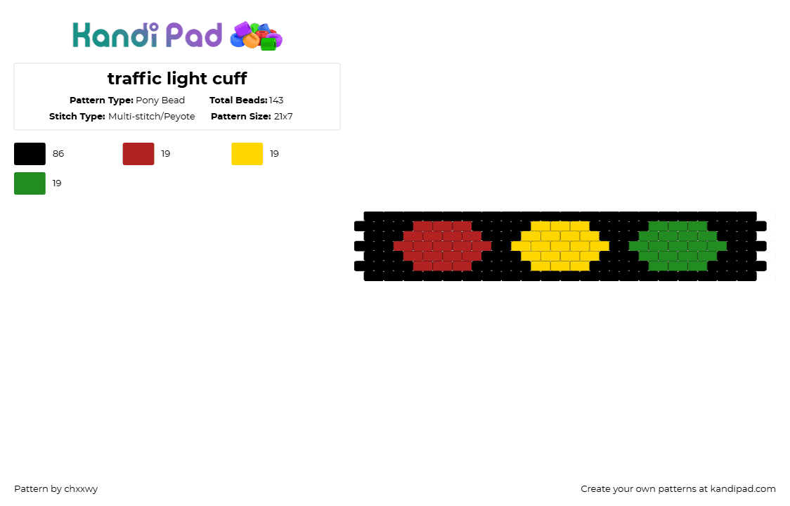 traffic light cuff - Pony Bead Pattern by chxxwy on Kandi Pad - black,red,yellow,green