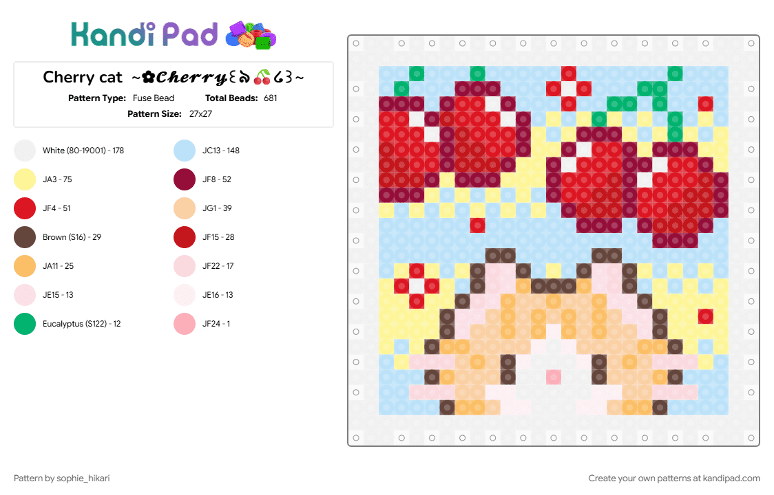 Cherry cat  ~✿𝓒𝓱𝓮𝓻𝓻𝔂꒰ঌ🍒໒꒱~ - Fuse Bead Pattern by sophie_hikari on Kandi Pad - brown, light blue, red, yellow