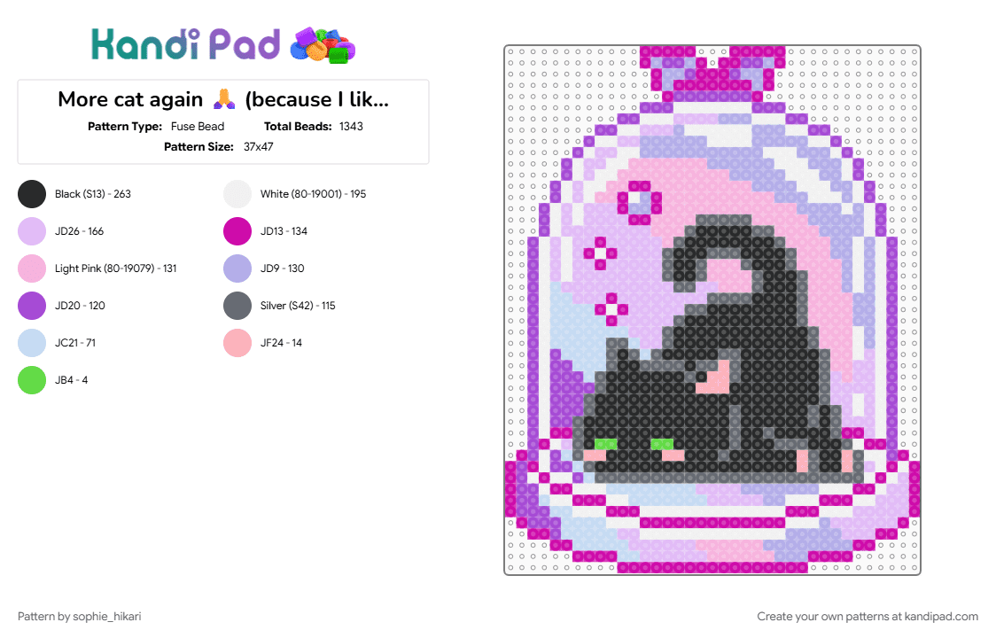 More cat again 🙏 (because I like this) - Fuse Bead Pattern by sophie_hikari on Kandi Pad - pink