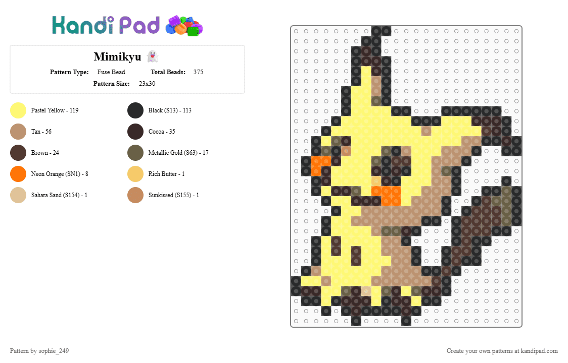 Mimikyu 👻 - Fuse Bead Pattern by sophie_hikari on Kandi Pad - beige, brown, yellow