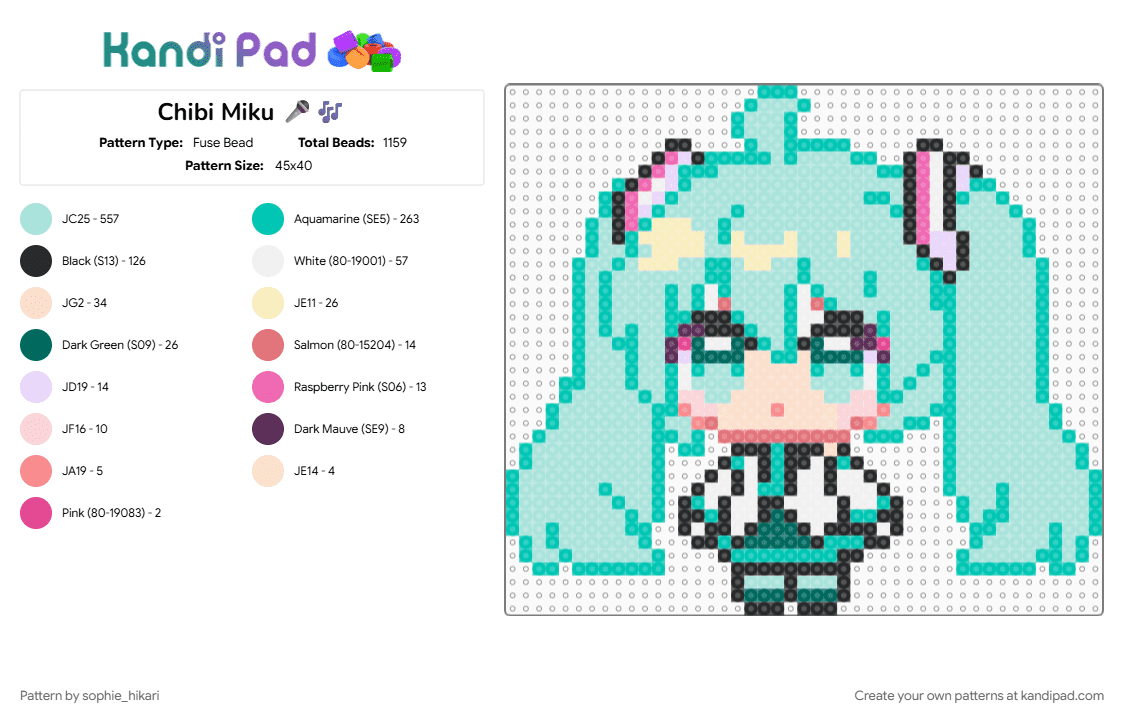 Chibi Miku 🎤🎶 - Fuse Bead Pattern by sophie_hikari on Kandi Pad - light blue, teal