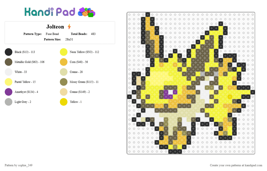 Jolteon ⚡ - Fuse Bead Pattern by sophie_hikari on Kandi Pad - tan, yellow