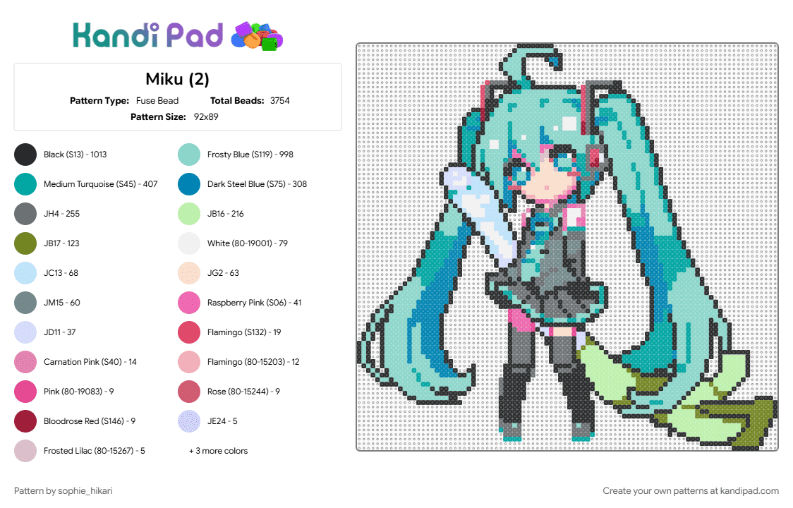 Miku - Fuse Bead Pattern by sophie_hikari on Kandi Pad - gray, light blue, teal