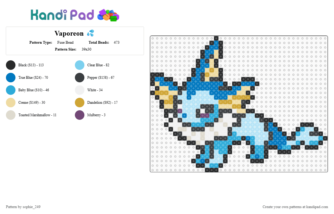 Vaporeon 💦 - Fuse Bead Pattern by sophie_249 on Kandi Pad - blue, light blue