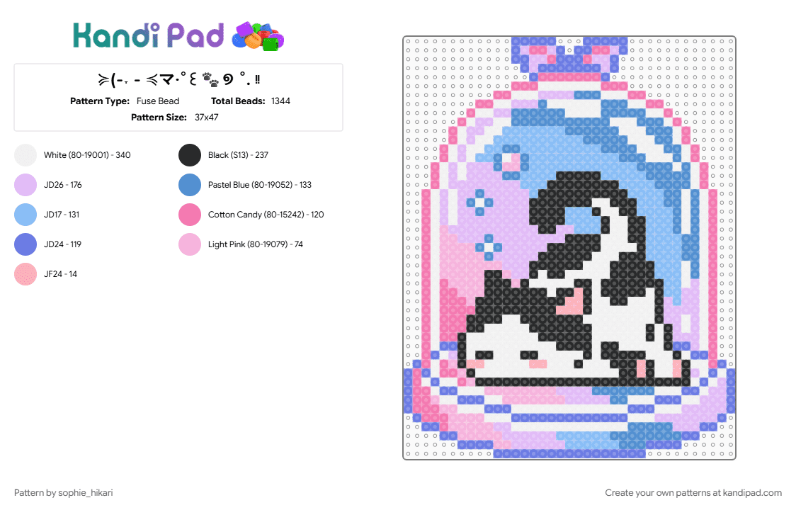 ≽(-˕ - ≼マ‧˚꒰🐾୭ ˚. ᵎᵎ - Fuse Bead Pattern by sophie_hikari on Kandi Pad - light blue, pink
