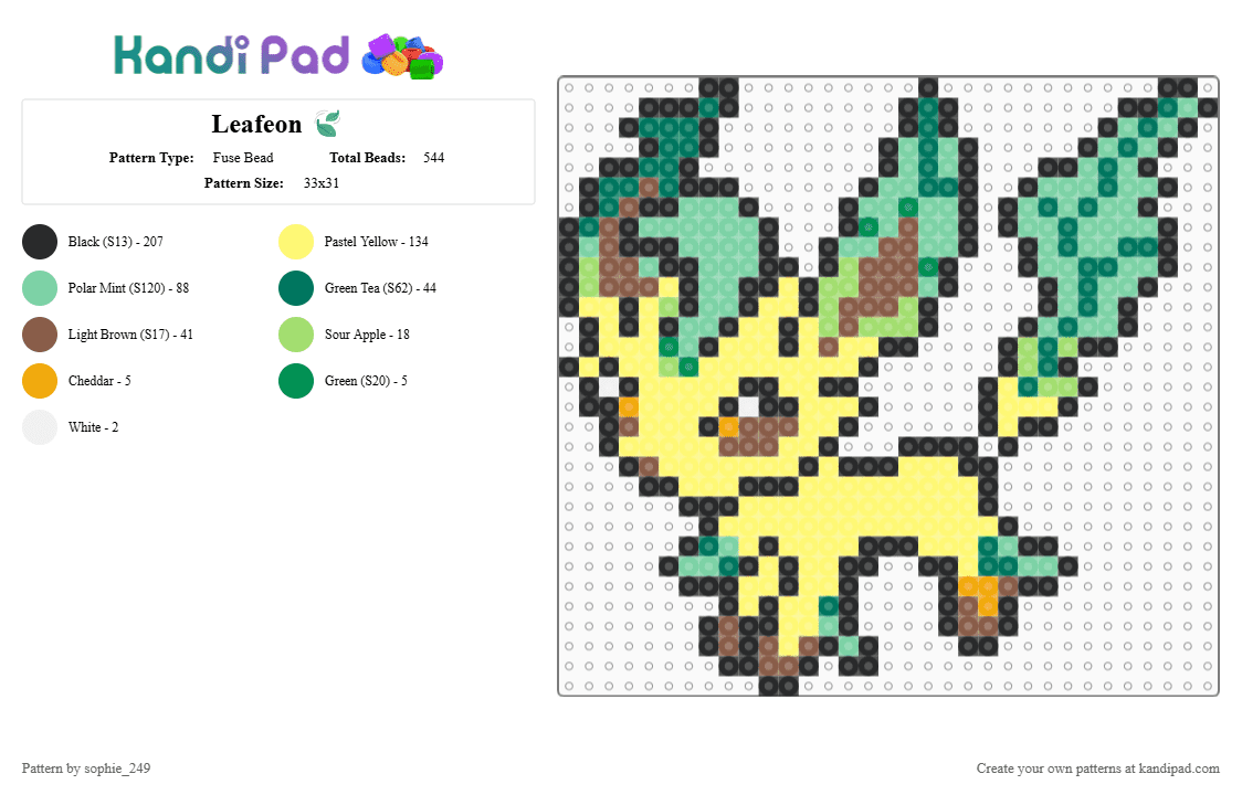 Leafeon 🍃 - Fuse Bead Pattern by sophie_hikari on Kandi Pad - teal, yellow
