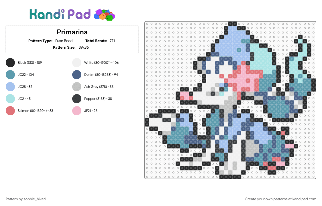 Primarina - Fuse Bead Pattern by sophie_hikari on Kandi Pad - blue, light blue, teal