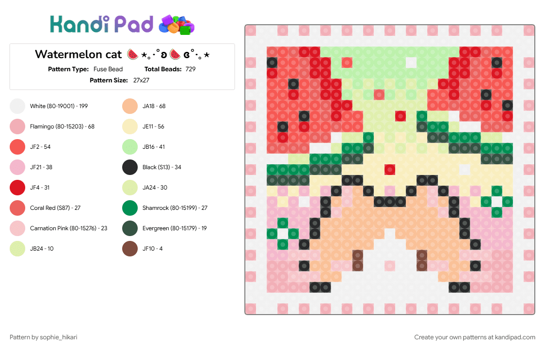Watermelon cat 🍉⋆｡‧˚ʚ🍉ɞ˚‧｡⋆ - Fuse Bead Pattern by sophie_hikari on Kandi Pad - beige, red, yellow