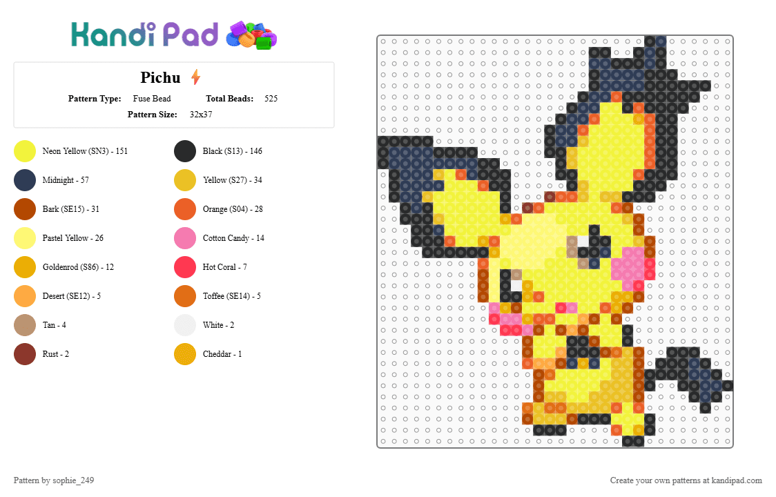 Pichu ⚡️ - Fuse Bead Pattern by sophie_hikari on Kandi Pad - yellow