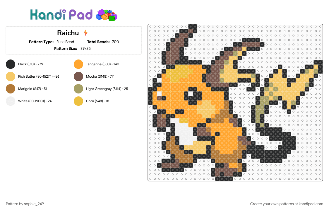 Raichu ⚡️ - Fuse Bead Pattern by sophie_249 on Kandi Pad - orange, tan, yellow