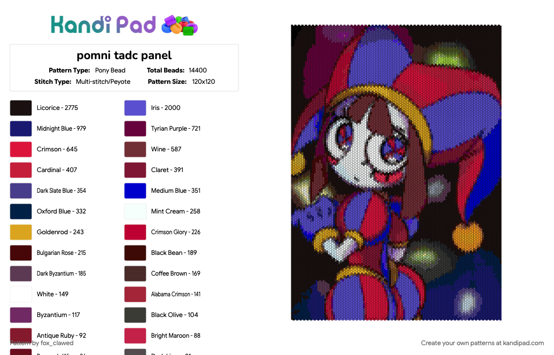 pomni tadc panel - Pony Bead Pattern by fox_clawed on Kandi Pad - brown, panel, pink, pomni, purple, red, tadc