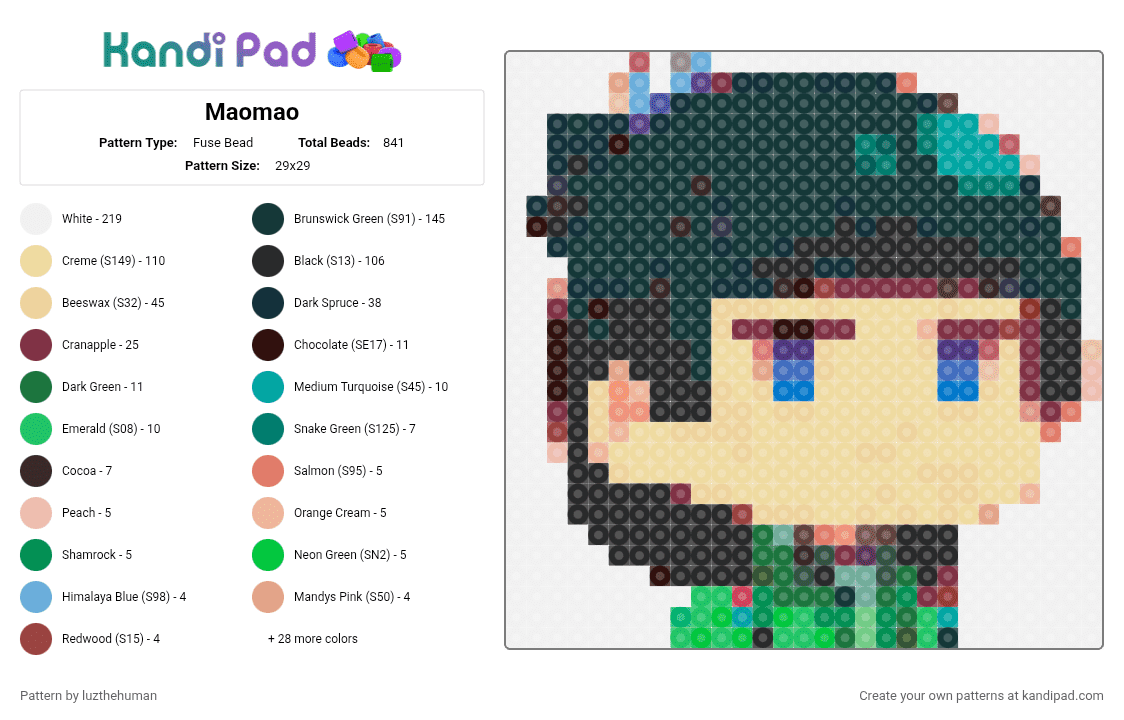 Maomao - Fuse Bead Pattern by luzthehuman on Kandi Pad - beige, brown, colorful, green, white