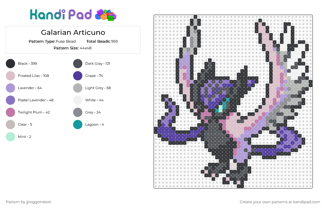 Galarian Articuno - Fuse Bead Pattern by jjroggenstein on Kandi Pad - articuno, beige, black, colorful, galarian, galarian articuno, generation 8, generation viii, pokemon, purple