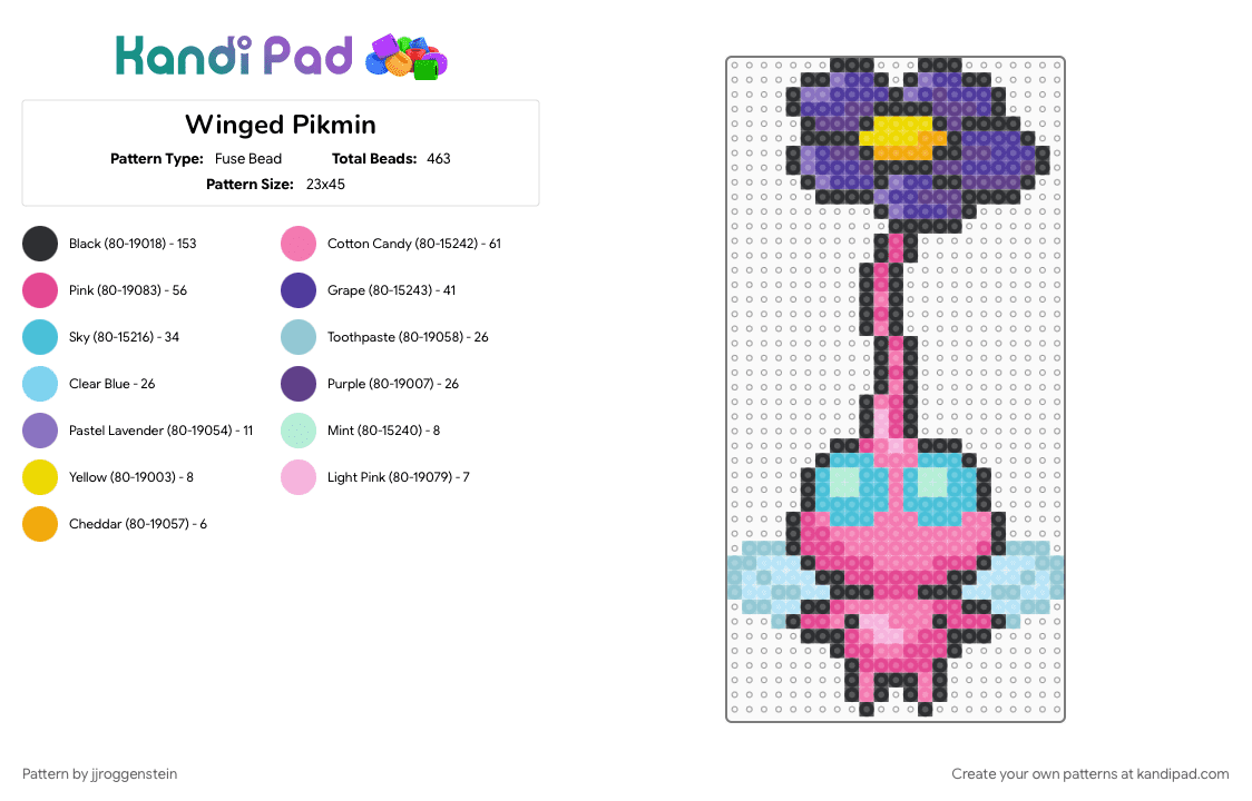 Winged Pikmin - Fuse Bead Pattern by jjroggenstein on Kandi Pad - light blue, nintendo, pikmin, pink, purple, video game, winged, winged pikmin