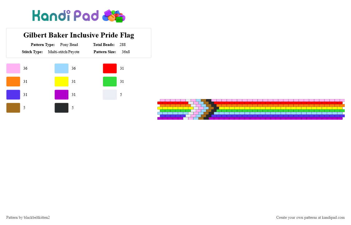 Gilbert Baker Progress Pride Cuff - Pony Bead Pattern by blackbeltkitten2 on Kandi Pad - bipoc, colorful, gilbert baker, horizontal cuff, lgbt, pink, pride, progress pride, purple, red, trans, yellow