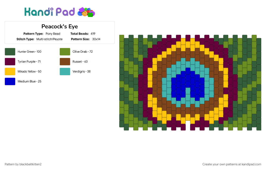 Peacock\'s Eye - Pony Bead Pattern by blackbeltkitten2 on Kandi Pad - brown, cotdbirds, feather, gray, green, peacock, peacock feather, pink, vertical cuff