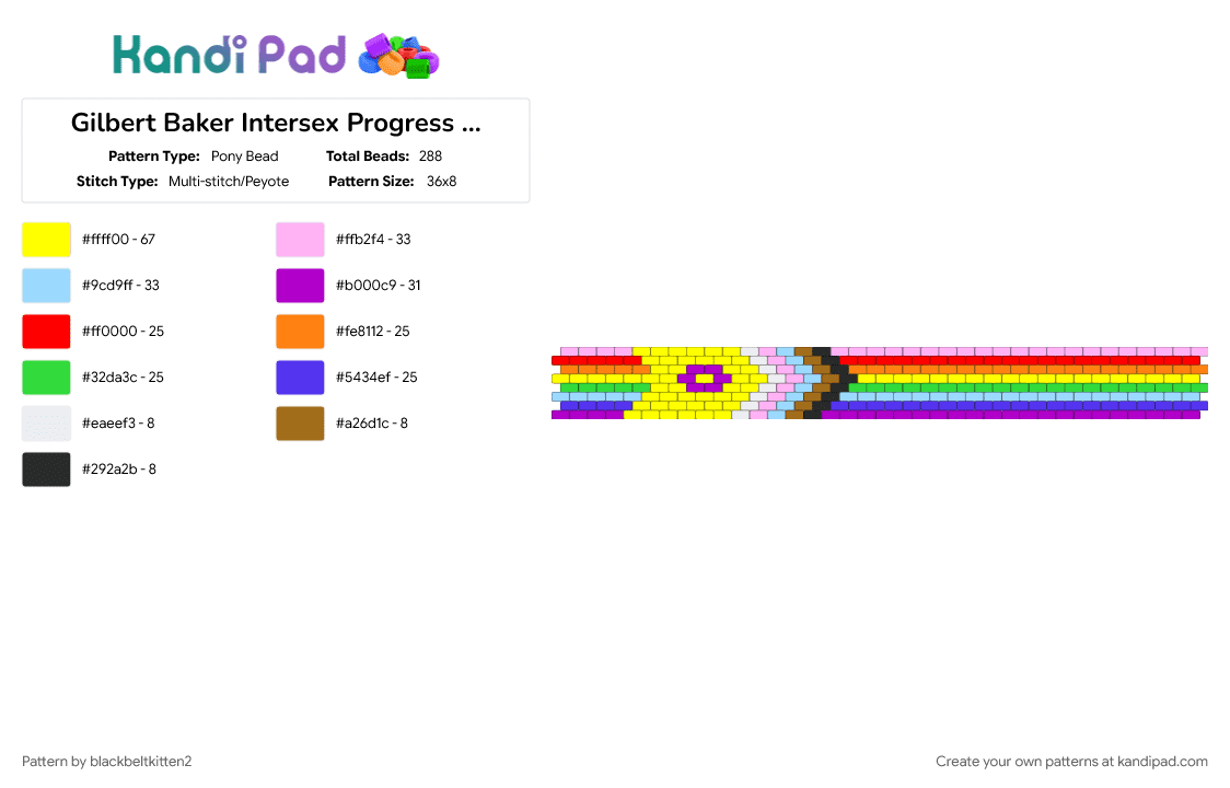 Gilbert Baker Intersex Progress Pride Cuff - Pony Bead Pattern by blackbeltkitten2 on Kandi Pad - bipoc, gilbert baker, horizontal cuff, intersex, lgbt, light blue, pink, pride, progress pride, trans, yellow
