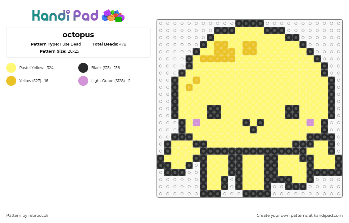 octopus - Fuse Bead Pattern by rebroccoli on Kandi Pad - octopus,squishmallow,chibi,cute,animal,simple,underwater,yellow