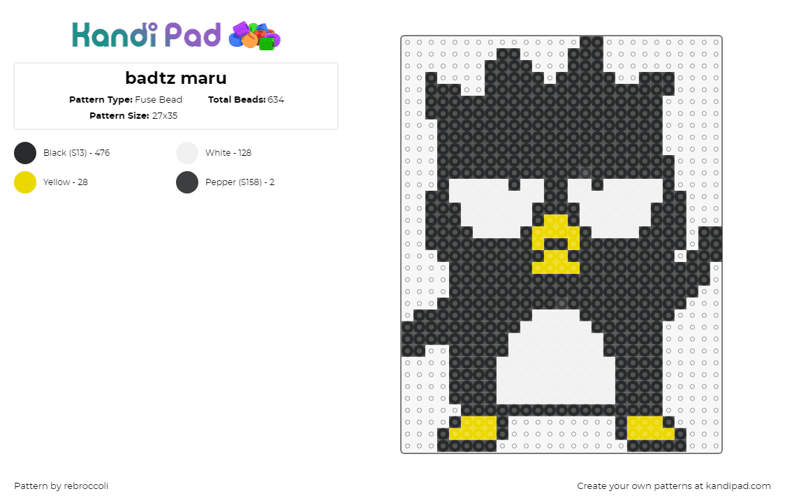 badtz maru - Fuse Bead Pattern by rebroccoli on Kandi Pad - badtz maru,sanrio,penguin,character,kawaii,black,white