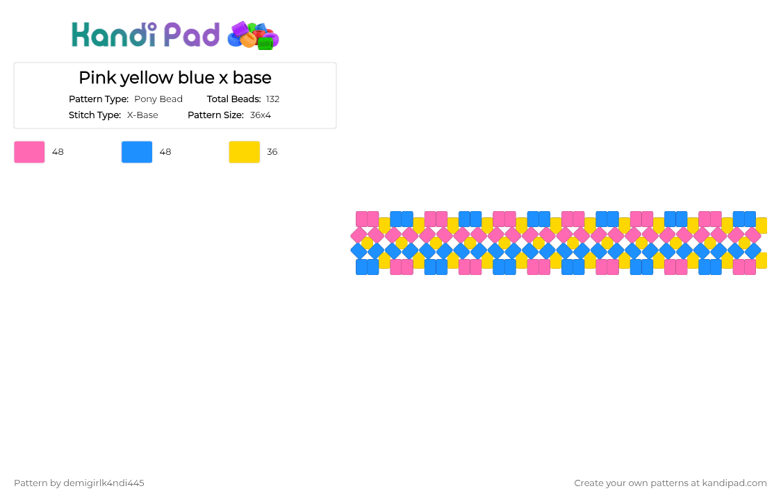 Pink yellow blue x base - Pony Bead Pattern by demigirlk4ndi445 on Kandi Pad - light blue, pink