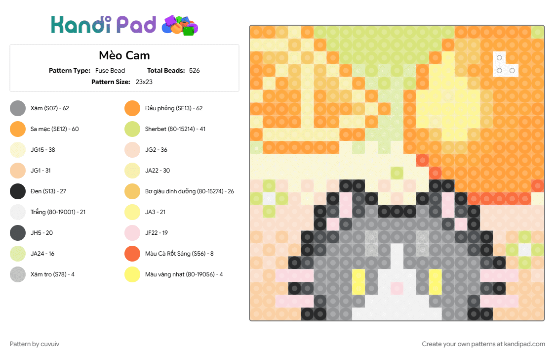 Mèo Cam - Fuse Bead Pattern by cuvuiv on Kandi Pad - orange, yellow