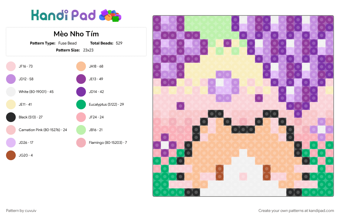 Mèo Nho Tím - Fuse Bead Pattern by cuvuiv on Kandi Pad - beige, cotdcats, pink