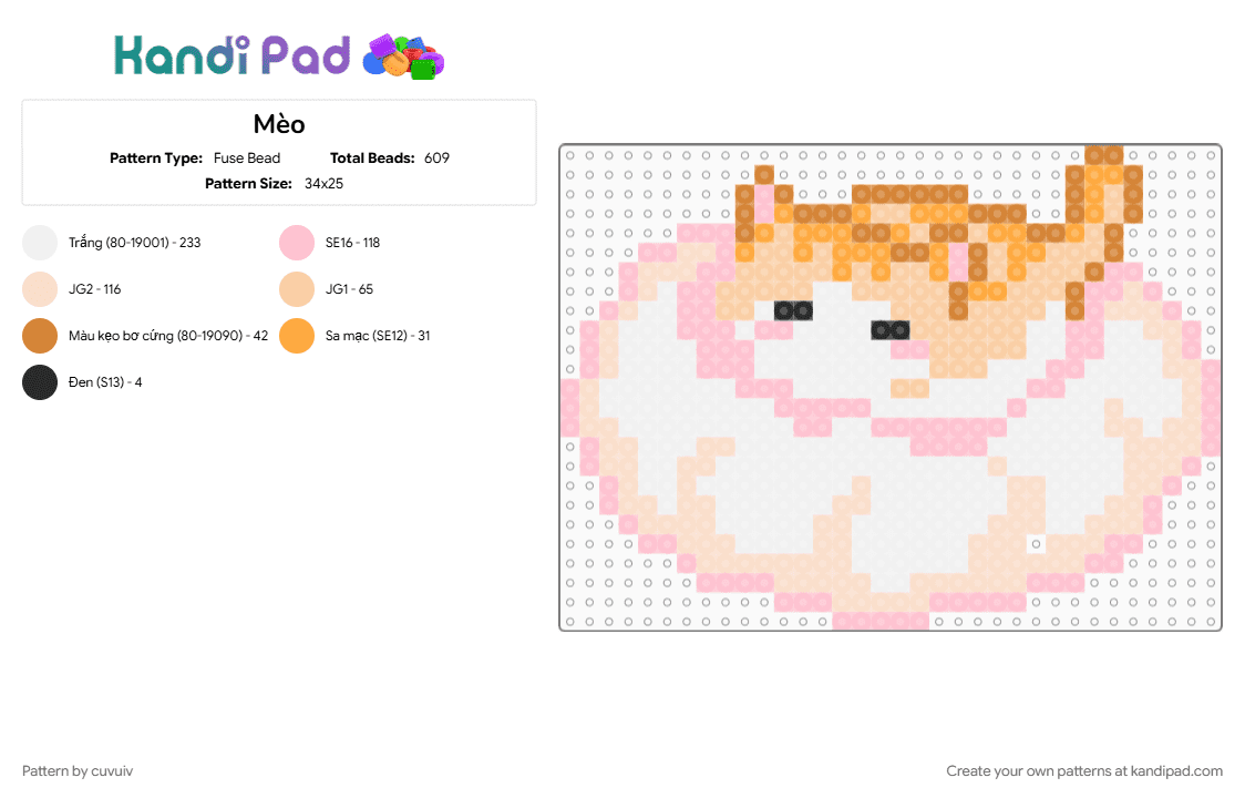 Mèo - Fuse Bead Pattern by cuvuiv on Kandi Pad - beige