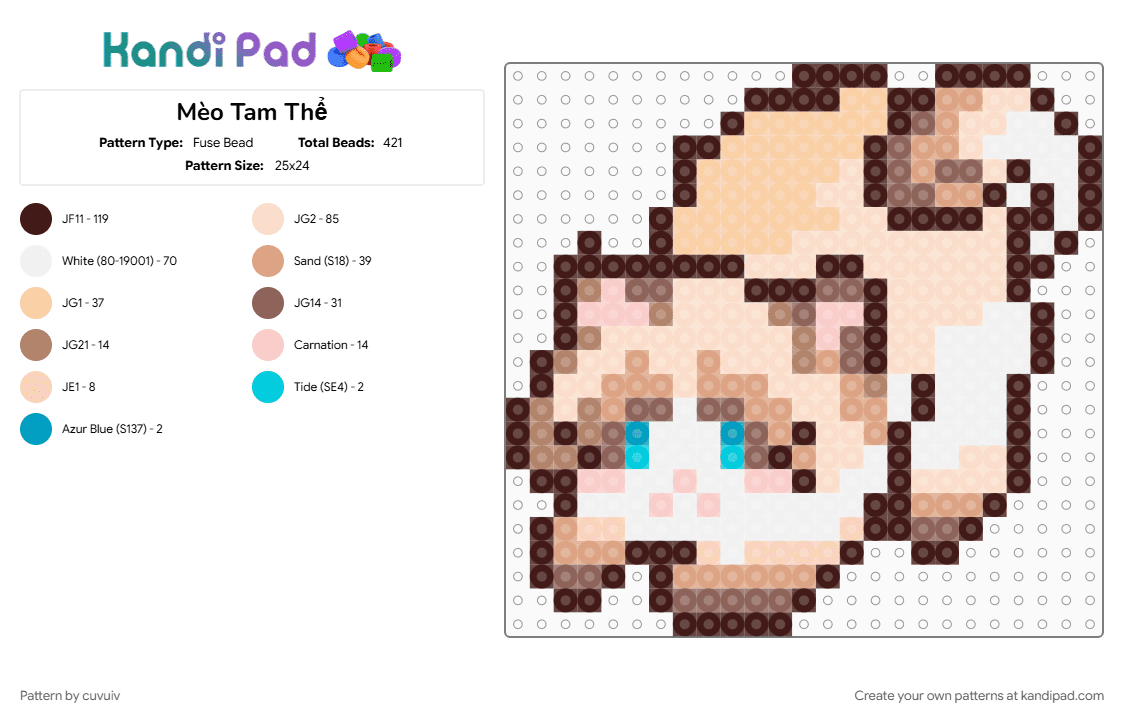 Mèo Tam Thể - Fuse Bead Pattern by cuvuiv on Kandi Pad - beige, brown