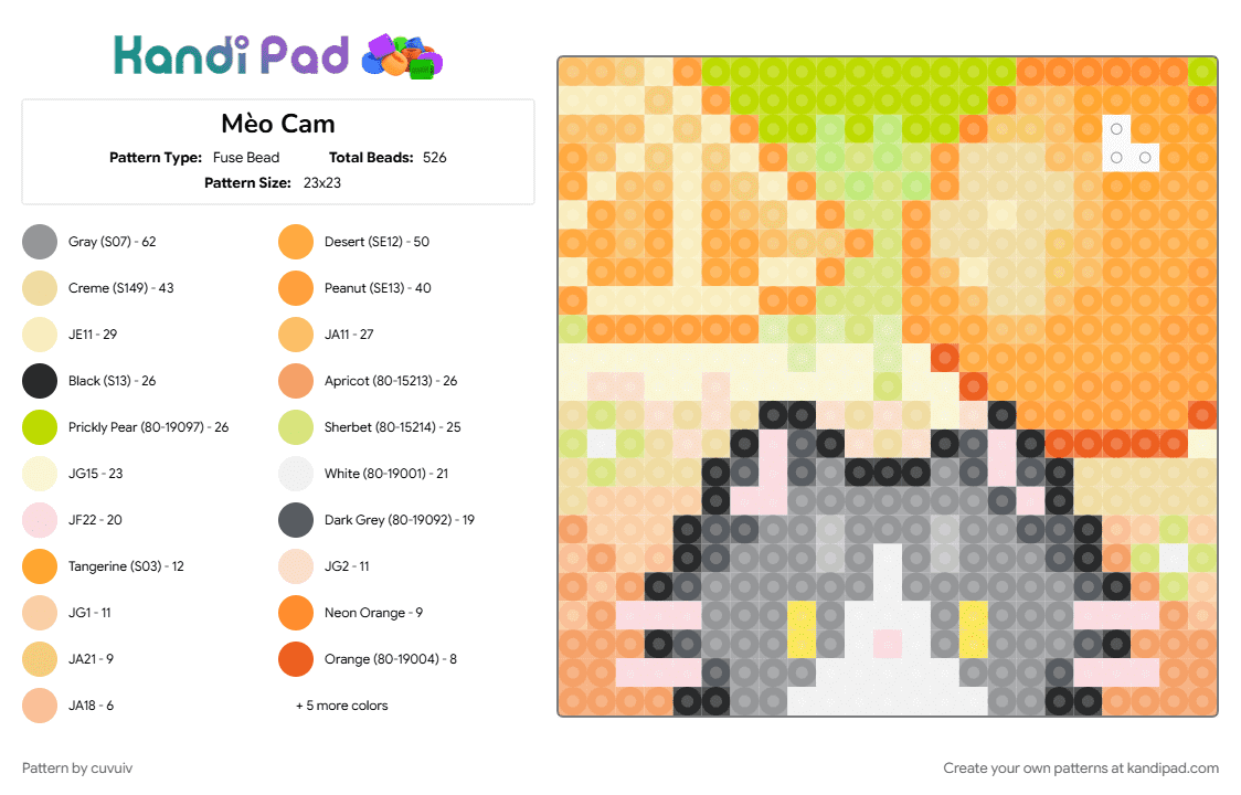 Mèo Cam - Fuse Bead Pattern by cuvuiv on Kandi Pad - beige, gray, orange