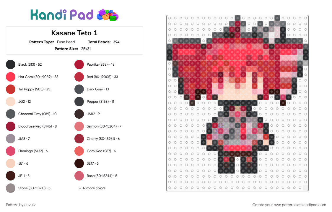 Kasane Teto 1 - Fuse Bead Pattern by cuvuiv on Kandi Pad - gray, red