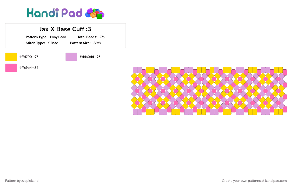Jax X Base Cuff :3 - Pony Bead Pattern by zzapiekandi on Kandi Pad - cartoon, character, jax, kandi cuff, kandicuff, pink, tadc, tv show, xbase, yellow
