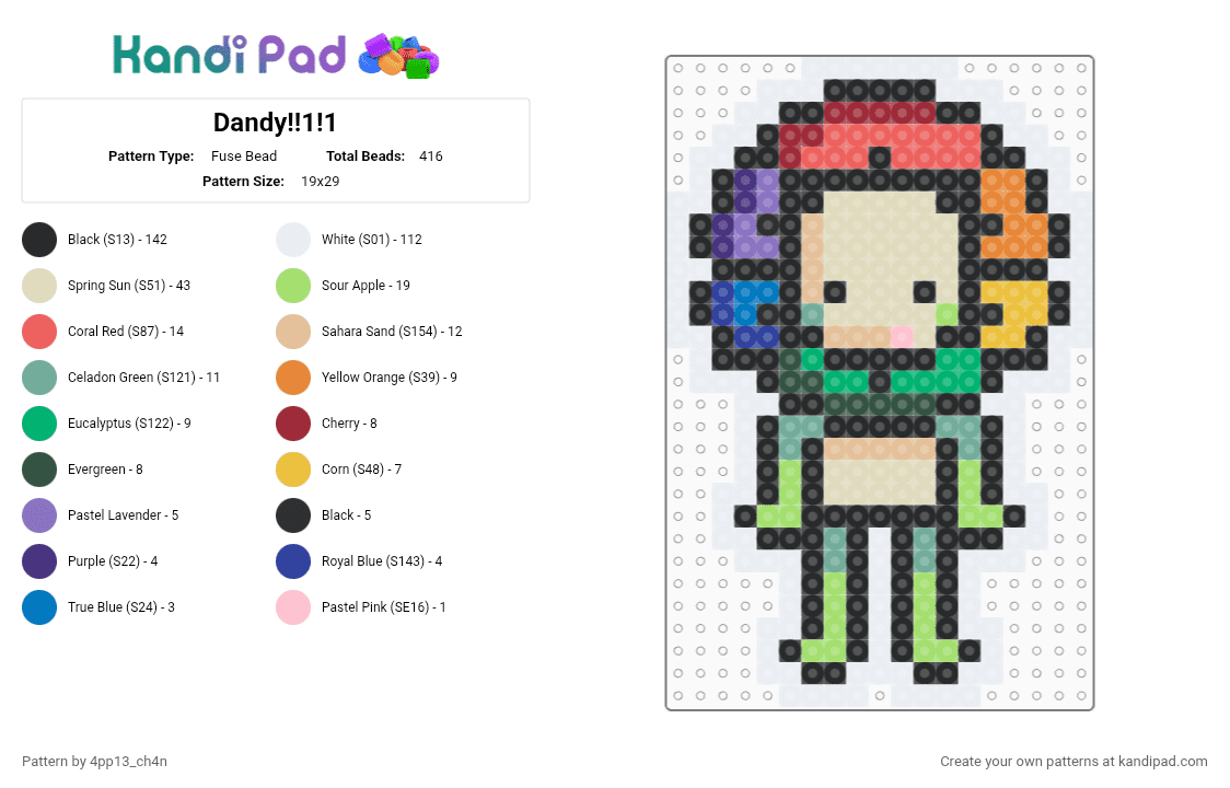 Dandy!!1!1 - Fuse Bead Pattern by 4pp13_ch4n on Kandi Pad - beige, green, red, white
