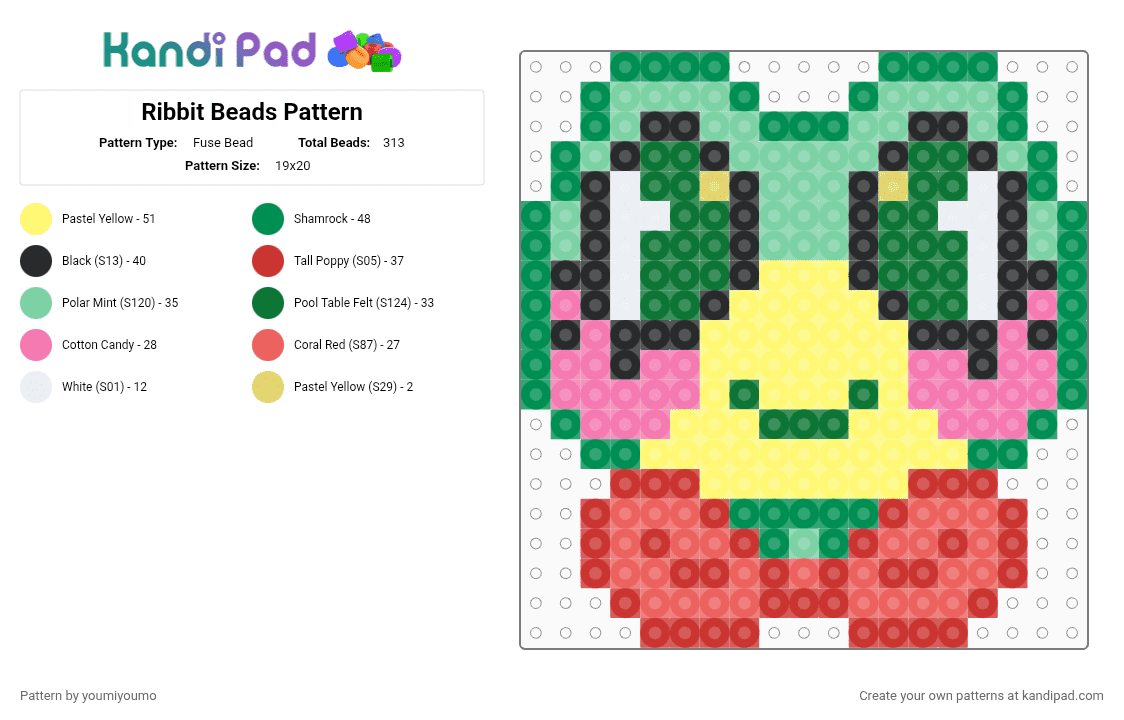 Ribbit 26mm Pattern - Fuse Bead Pattern by youmiyoumo on Kandi Pad - green, red, yellow