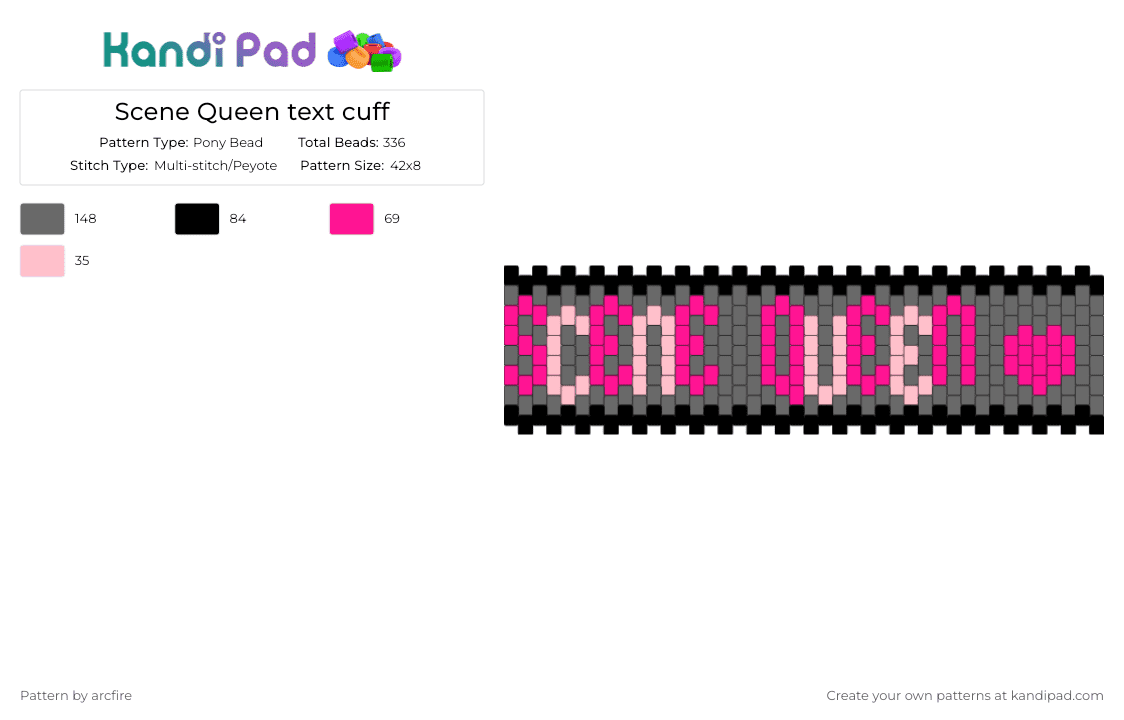Scene Queen text cuff - Pony Bead Pattern by arcfire on Kandi Pad - cuff, gray, pink
