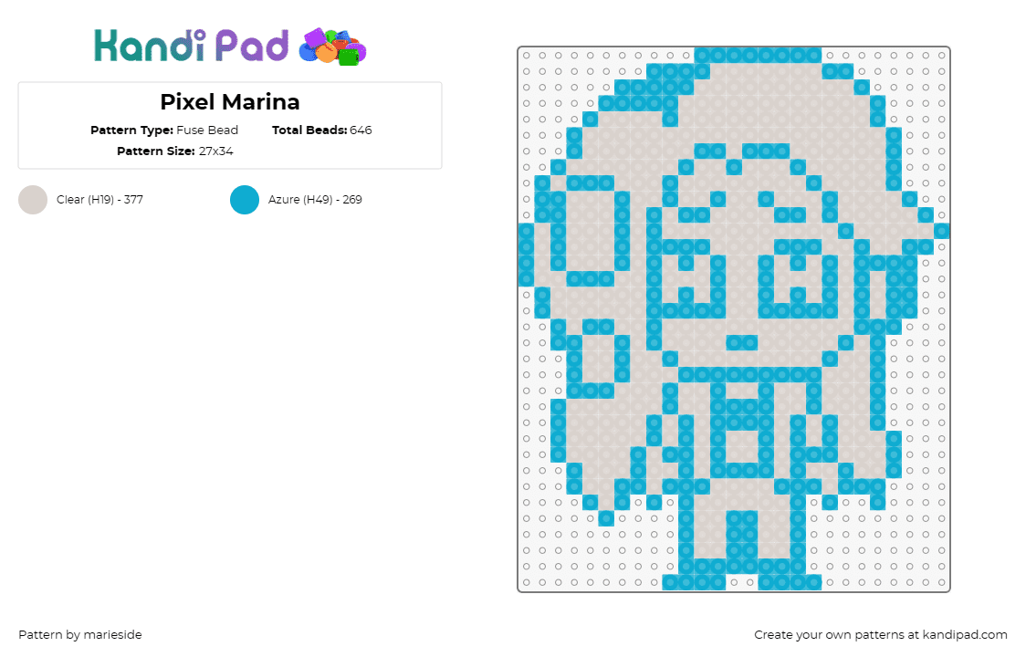 Pixel Marina - Fuse Bead Pattern by marieside on Kandi Pad - marina,splatoon,character,video game,simple,gray,teal