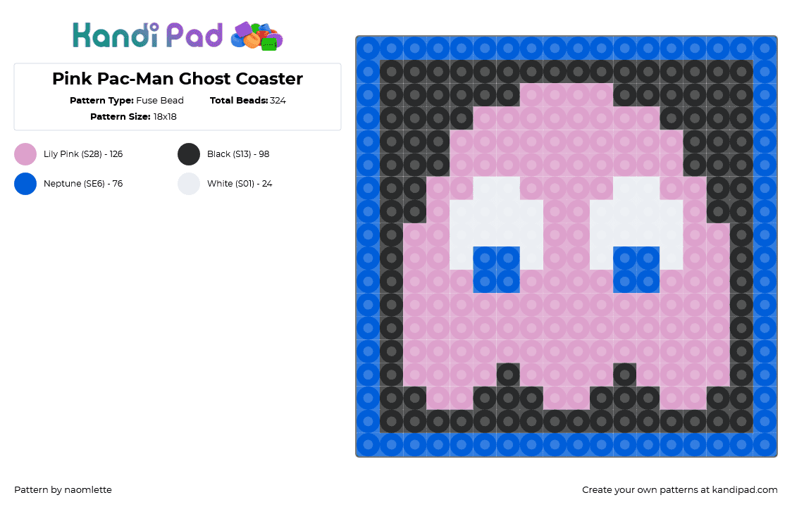 Pink Pac-Man Ghost Coaster - Fuse Bead Pattern by naomlette on Kandi Pad - pinky,pacman,namco,ghost,arcade,retro,video game,classic,coaster,black,blue,pink