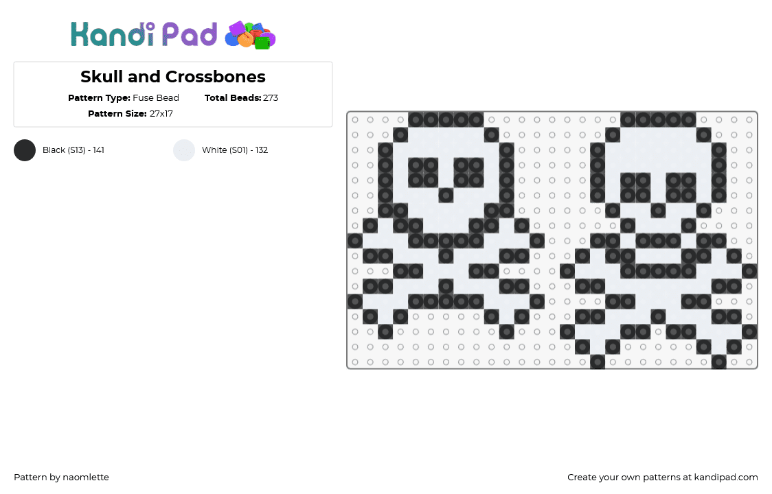 Skull and Crossbones - Fuse Bead Pattern by naomlette on Kandi Pad - skull,crossbones,skeleton,spooky,halloween,charms,black,white