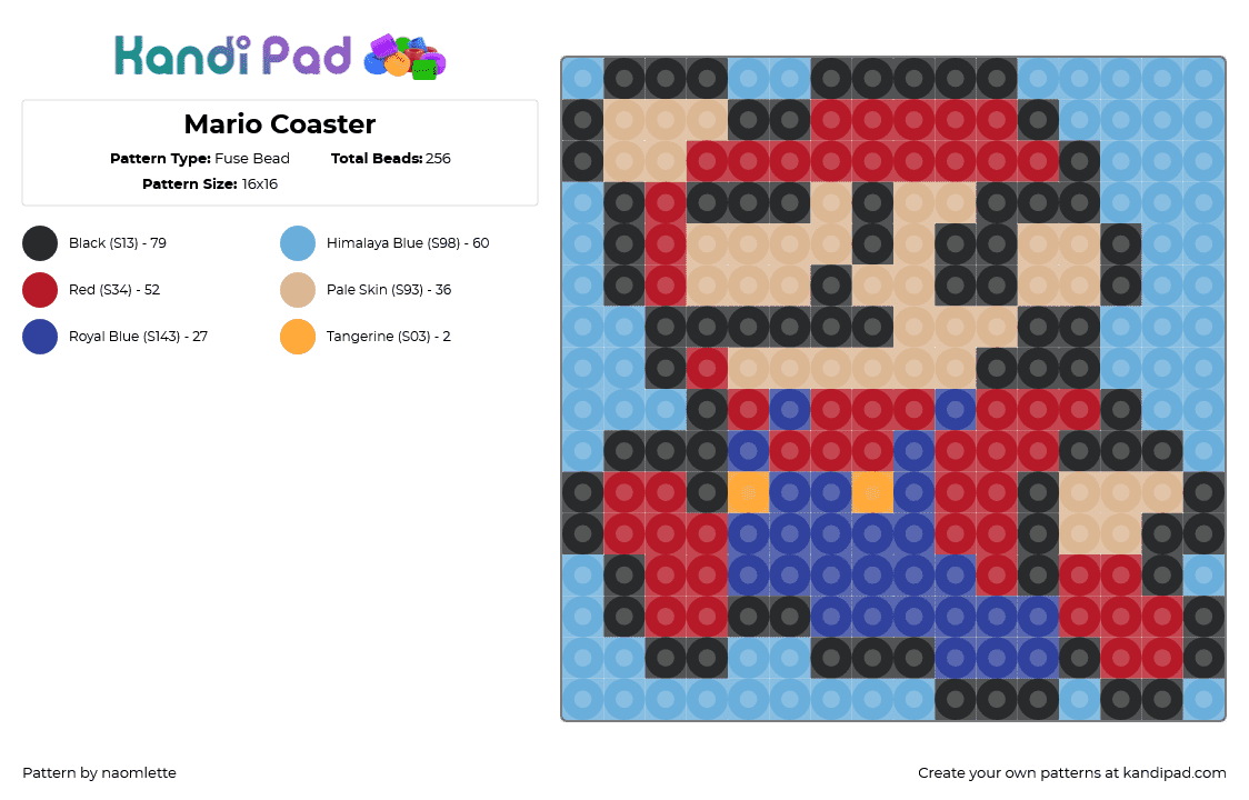 Mario Coaster - Fuse Bead Pattern by naomlette on Kandi Pad - mario,nintendo,coaster,character,red,tan,blue