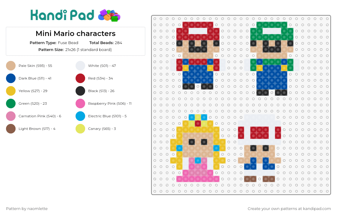 Mini Mario characters - Fuse Bead Pattern by naomlette on Kandi Pad - mario,luigi,peach,toad,nintendo,characters,princess,simple,video game,classic,colorful,pink,blue