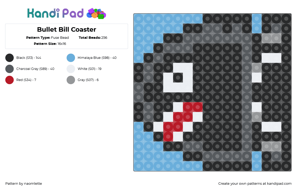 Bullet Bill Coaster - Fuse Bead Pattern by naomlette on Kandi Pad - bullet bill,mario,coaster,nintendo,character,black,light blue