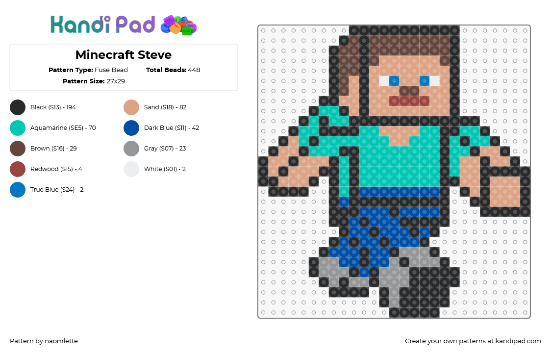 Minecraft Steve - Fuse Bead Pattern by naomlette on Kandi Pad - steve,minecraft,character,3d,video game,teal,blue,tan