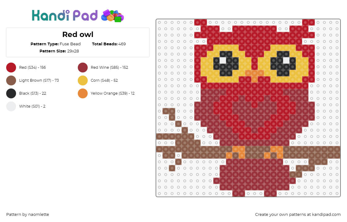 Red owl - Fuse Bead Pattern by naomlette on Kandi Pad - owl,bird,animal,branch,cute,eyes,red,yellow,brown