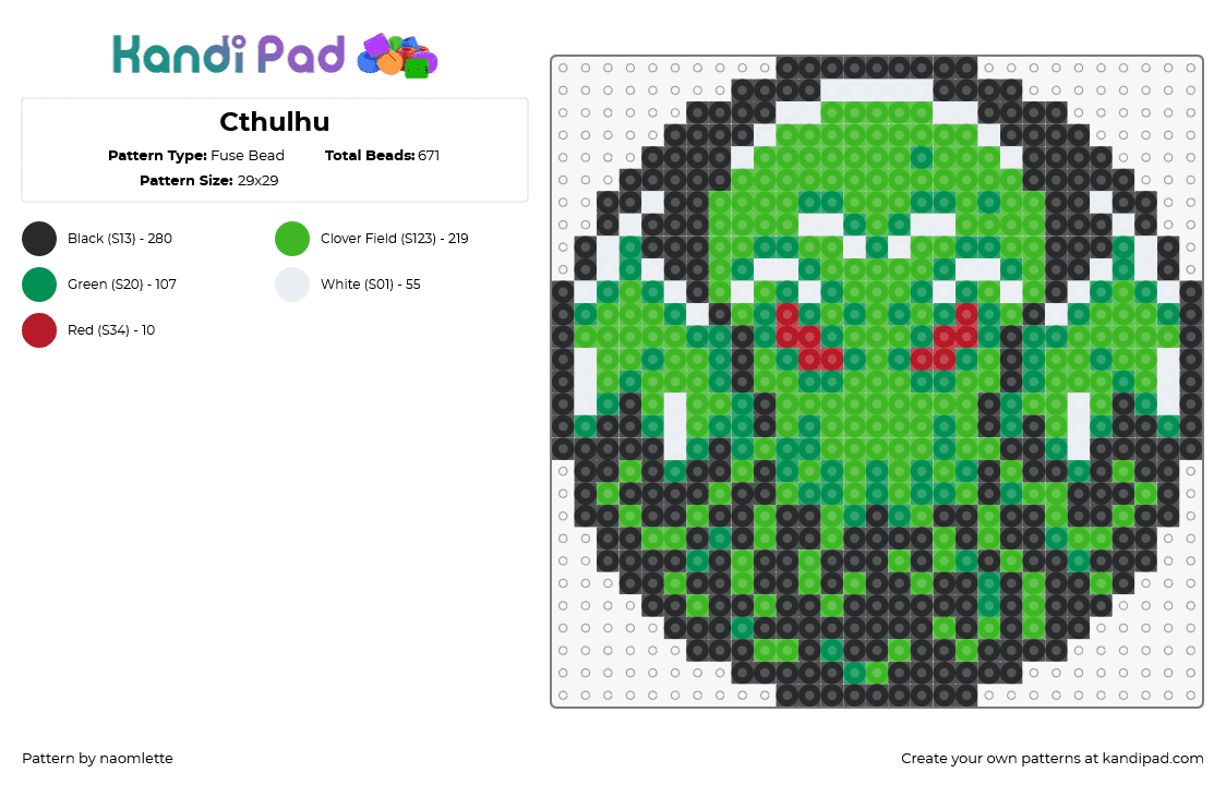 Cthulhu - Fuse Bead Pattern by naomlette on Kandi Pad - cthulhu,monster,octopus,horror,lovecraft,green,black